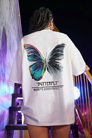 Kelebek Baskılı Oversize Beyaz garalio T-shirt