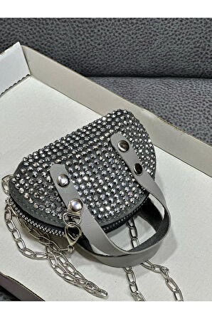 Taşlı Mini Çapraz Çanta Zincir Askılı 10x7 Cm