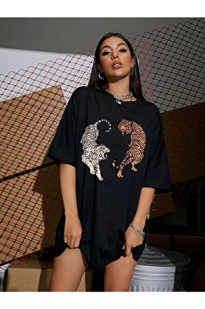 Siyah Kaplan Baskılı Oversize Penye T-shirt