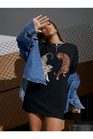 Siyah Kaplan Baskılı Oversize Penye T-shirt