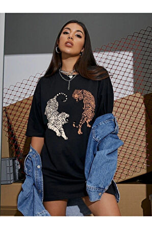 Siyah Kaplan Baskılı Oversize Penye T-shirt