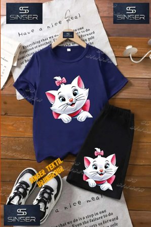 Çocuk UNISEX “KEDI KURDALELI YARIM“ Özel Baskılı Bisiklet Yaka Tişört - Şort Takım