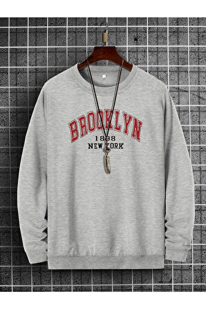Brooklyn Baskılı Gri Unisex Kapüşonsuz Uzun Kol Sweatshirt