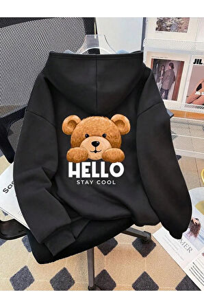 Kız\Erkek Çocuk Siyah Hello Ayıcık Sırt Baskılı Kopşonlu Sweatshirt