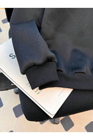 Kız\Erkek Çocuk Siyah Hello Ayıcık Sırt Baskılı Kopşonlu Sweatshirt