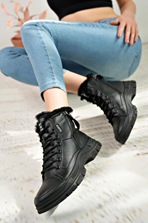 24k310 24 Siyah Içi Kürklü Fermuarlı Fashion Kadın Bot