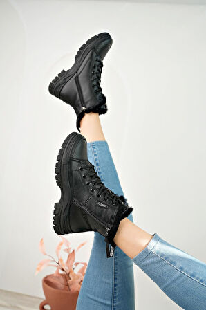 24k310 24 Siyah Içi Kürklü Fermuarlı Fashion Kadın Bot