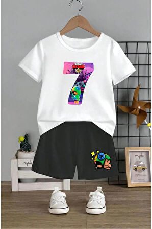 Çocuk Tasarım Brawl Stars 7 Baskılı T-Shirt Şort Alt Üst Takım