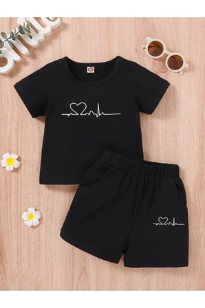 Yazlık Kalp ve Sola Ritim Baskılı Kız Erkek Çocuk Siyah Alt-Üst Şort T-Shirt Takım