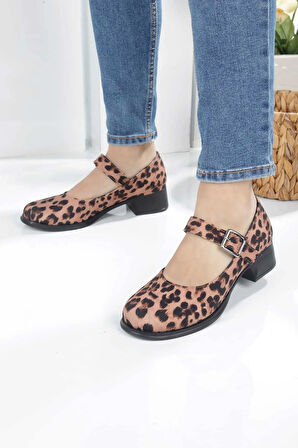 Leopar Topuklu Tek Bant Kadın Babet
