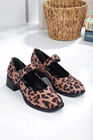 Leopar Topuklu Tek Bant Kadın Babet