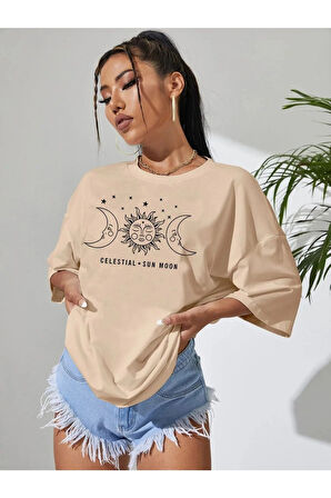 Minimal Kalp Baskılı Acık Kahverengi Oversize Tshirt