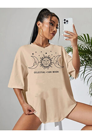 Minimal Kalp Baskılı Acık Kahverengi Oversize Tshirt