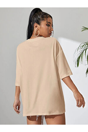 Minimal Kalp Baskılı Acık Kahverengi Oversize Tshirt