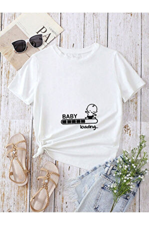 Oversize Hamile T-shirt Baby Loading Baskılı Açık Beyaz