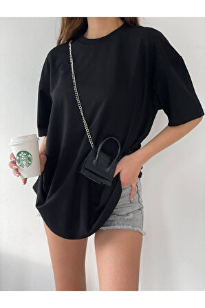 ON THE LİFE Unisex Pamuk Siyah Bisiklet Yaka Oversize Boyfriend T-shirt