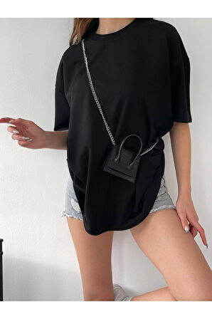 ON THE LİFE Unisex Pamuk Siyah Bisiklet Yaka Oversize Boyfriend T-shirt