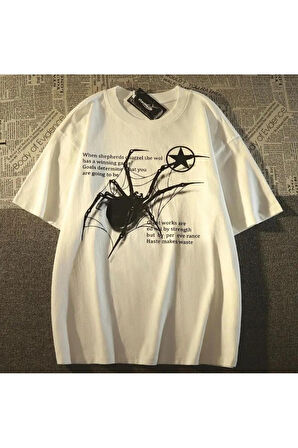 Beyaz Unisex Y2k Streetwear Spider Örümcek Yumuşak Penye Oversize T-shirt