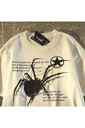 Beyaz Unisex Y2k Streetwear Spider Örümcek Yumuşak Penye Oversize T-shirt