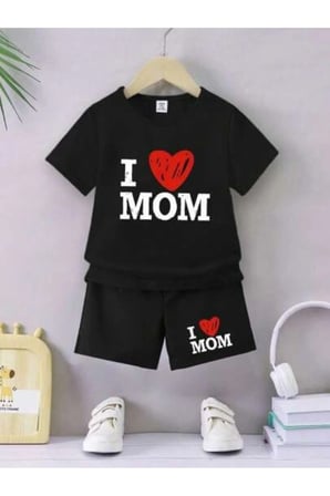 Yazlık I Mom Baskılı Kız Erkek Çocuk Siyah Alt-Üst Şort T-Shirt Takım