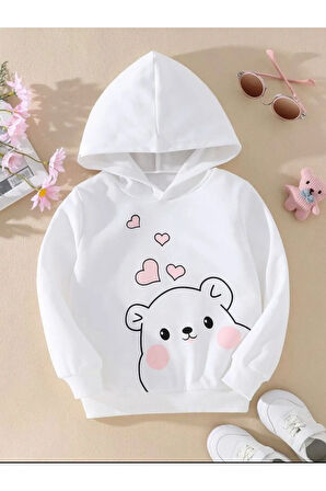 Kız Çocuk Kapşonlu Beyaz Tatlı Ayıcık Baskılı Sweatshirt