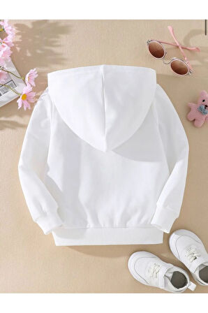 Kız Çocuk Kapşonlu Beyaz Tatlı Ayıcık Baskılı Sweatshirt