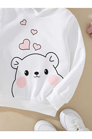 Kız Çocuk Kapşonlu Beyaz Tatlı Ayıcık Baskılı Sweatshirt