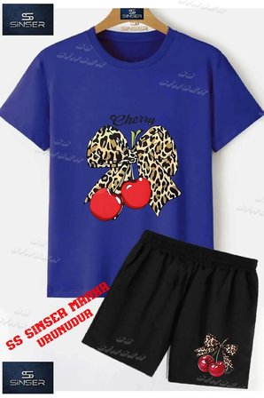 Çocuk UNISEX “KIRAZ LEOPAR KURDELE CHERRY YAZI“ Özel Baskılı Bisiklet Yaka Tişört - Şort Takım