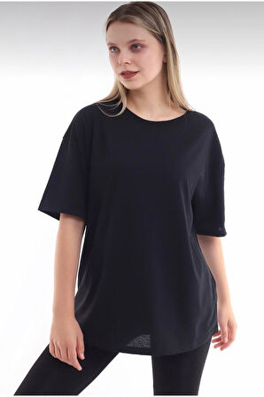 Kadın Siyah Oversize Düz Basic Bisiklet Yaka T-shirt