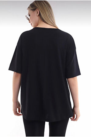 Kadın Siyah Oversize Düz Basic Bisiklet Yaka T-shirt
