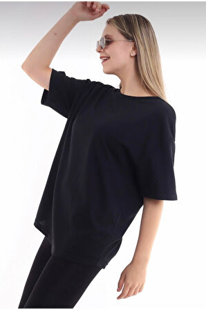 Kadın Siyah Oversize Düz Basic Bisiklet Yaka T-shirt