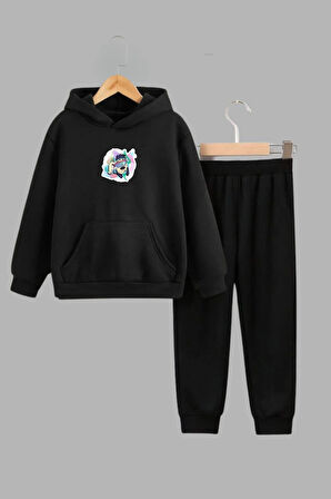 Unisex Çocuk Siyah Kapüşonlu Sweatshirt ve Eşofman Altı Takımı Özel Tasarım Baskılı