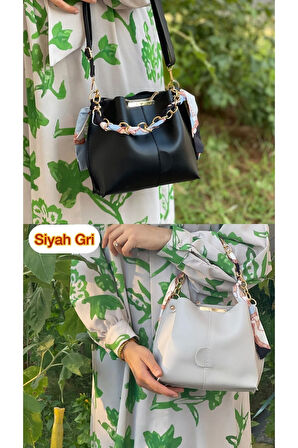 Kadın 2 Li Paket Fularlı Zincir Aksesuarlı Yumuşak Deri 3 Bölmeli El Kol Ve Omuz Çantası