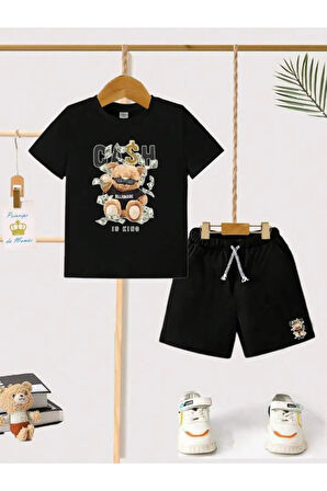 Çocuk Tasarım Bear Cash Baskılı T-Shirt Şort Alt Üst Takım %100 Pamuk