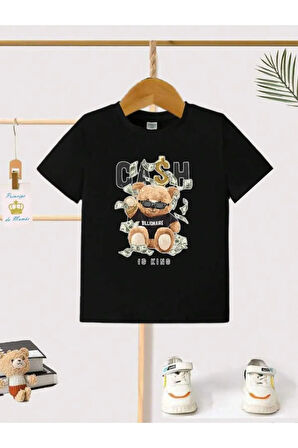 Çocuk Tasarım Bear Cash Baskılı T-Shirt Şort Alt Üst Takım %100 Pamuk