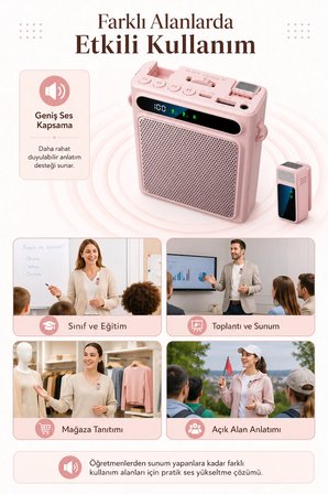 Pembe Kablosuz Yaka Mikrofonlu Taşınabilir Öğretmen Rehber Amfisi Bluetooth 5.1 Şarjlı 2000mAh 5W Ses Yükseltici USB MP3 Destekli Askılı Bel Tipi Hoparlör