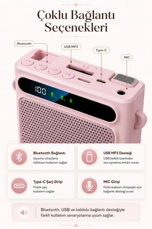 Pembe Kablosuz Yaka Mikrofonlu Taşınabilir Öğretmen Rehber Amfisi Bluetooth 5.1 Şarjlı 2000mAh 5W Ses Yükseltici USB MP3 Destekli Askılı Bel Tipi Hoparlör
