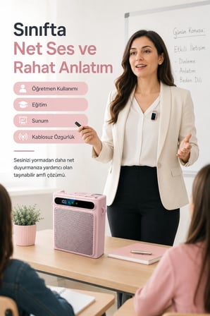 Pembe Kablosuz Yaka Mikrofonlu Taşınabilir Öğretmen Rehber Amfisi Bluetooth 5.1 Şarjlı 2000mAh 5W Ses Yükseltici USB MP3 Destekli Askılı Bel Tipi Hoparlör