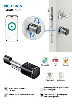 NEUTRON NTL-SC-02FKPB Parmak izi, Anahtarlı, Tuşlu, Kartlı ve Uzaktan Kontrollü Akıllı Kapı Kilidi Siyah