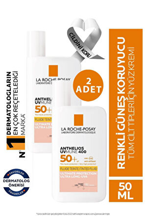 La Roche Posay Anthelios Uvmune Fluid SPF+50 Tüm Ciltler İçin Yüksek Korumalı Renkli Yüz Güneş Kremi 2 Adet