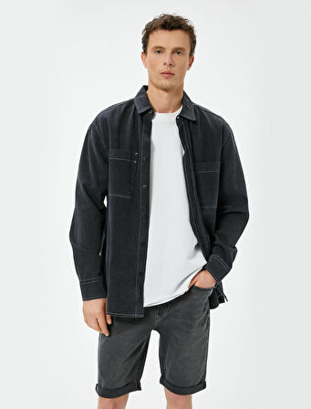 Kot Şort Slim Fit 5 Cepli Düğmeli