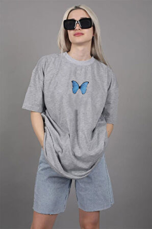 T-shirt Mavi Kelebek Baskılı Pamuk Bisiklet Yaka Oversize