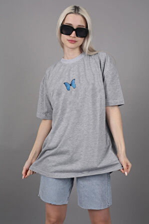 T-shirt Mavi Kelebek Baskılı Pamuk Bisiklet Yaka Oversize