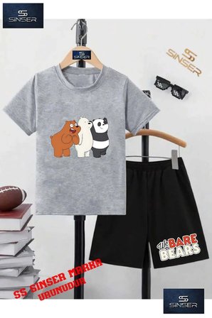 Çocuk UNISEX “PANDALAR 3LU SASIRAN“ Özel Baskılı Bisiklet Yaka Tişört - Şort Takım