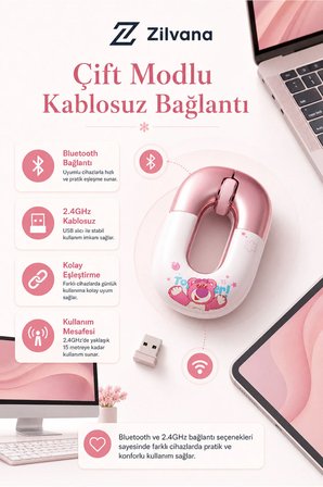 Disney Özel Serisi Sevimli Pembe Donut Tasarım Kablosuz Mouse Sessiz Tıklama Bluetooth