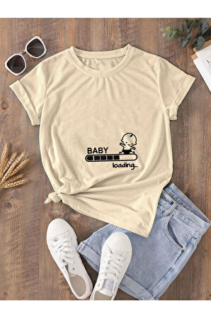 Oversize Hamile T-shirt Baby Loading Baskılı Açık Beyaz