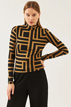 Kadın Vizon Siyah Desenli Dik Yaka Uzun Kol Viskon Bluz