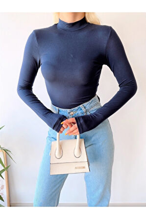 Kadın Lacivert Dik Yaka Uzun Kol Viskon Bluz