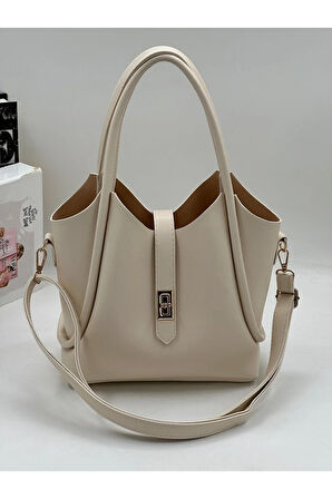 Demir Toka Kemerli Çift Askılı Makyaj Çantalı Zarif Suni Deri Kadın El Ve Omuz Çantası