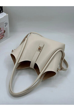 Demir Toka Kemerli Çift Askılı Makyaj Çantalı Zarif Suni Deri Kadın El Ve Omuz Çantası